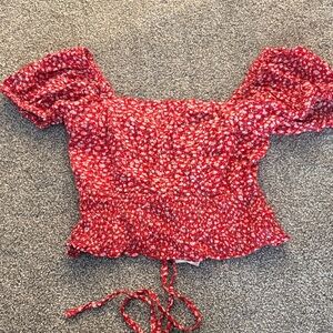 Smocked Red Floral Puff-Sleeve Crop Top